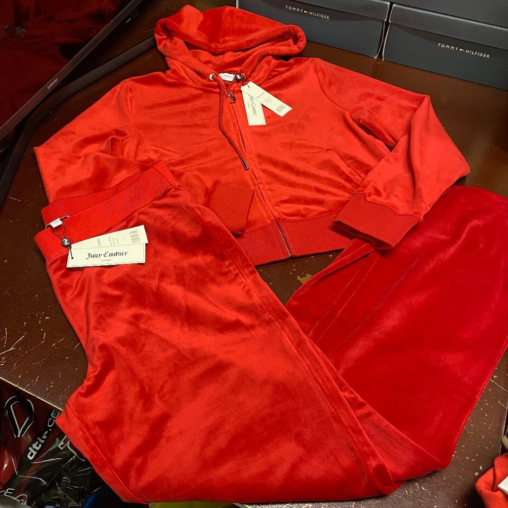 Juicy Couture Womens Coco Red Full Zip Hoodie Pant Sweat Tracksuit Size L